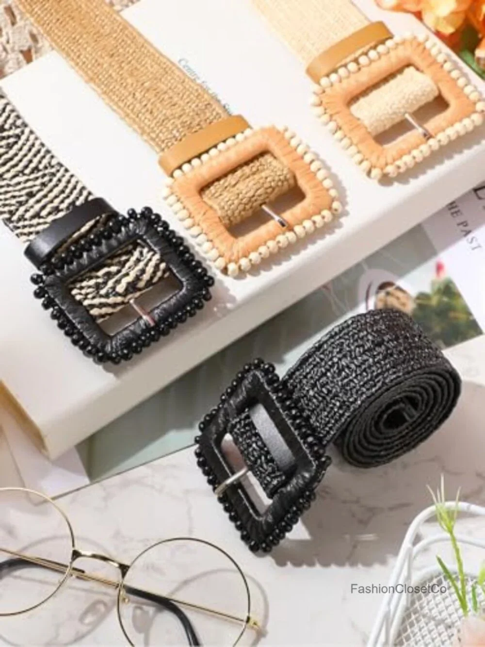 4 Pcs Elastic Raffia Woven Belt Set, Boho Rattan Buckle Stretch Straw Wide